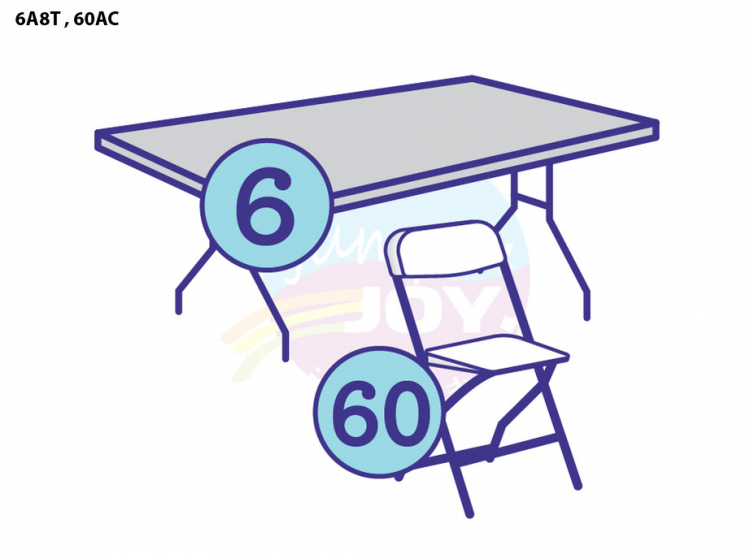 6 Adult Eight Foot Rectangular Tables, 60 Adult Chairs